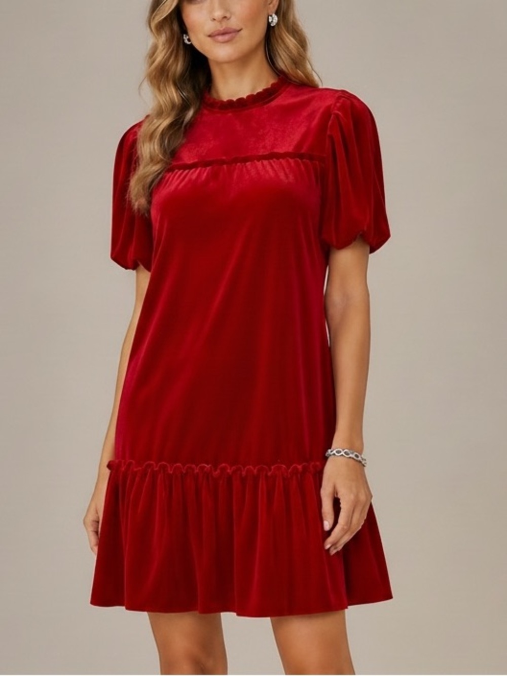 NWT CeCe Short Sleeve Ruffle Hem Keyhole Back Red Velvet Mini Dress Size Small